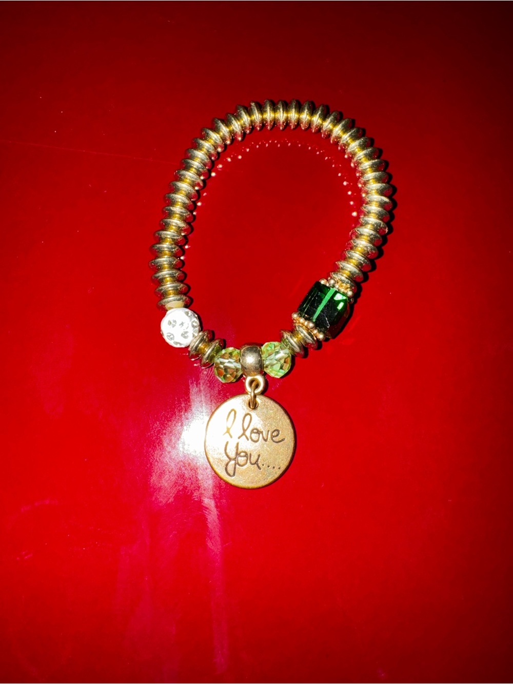 Gold Tone 'I Love You' Charm Stretch Bracelet with Green Beads